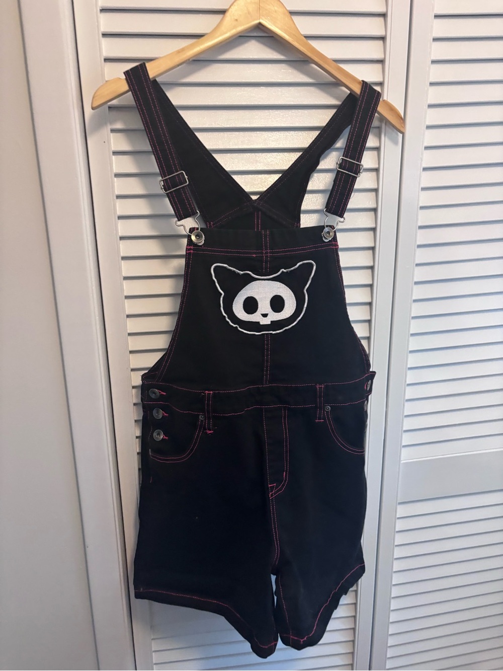Black Short Overall Romper with White Cat Skull Patch